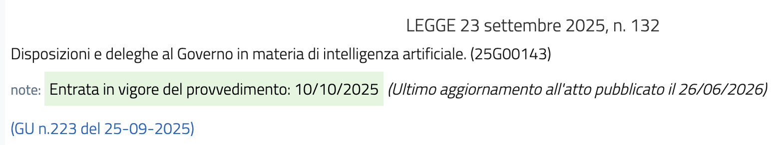 La scheda di Normattiva della Legge 23 settembre 2025 n. 132, «Disposizioni e deleghe al Governo in materia di intelligenza artificiale», con la nota «Entrata in vigore del provvedimento: 10/10/2025» e il rimando alla Gazzetta Ufficiale n. 223 del 25 settembre 2025.