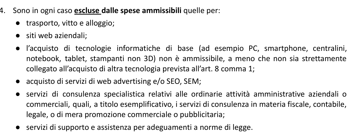 Comma 4 dell'articolo 8 del Bando Doppia Transizione 2026 della Camera di commercio di Foggia, intitolato «Spese ammissibili e non ammissibili»: l'elenco puntato delle spese escluse comprende «siti web aziendali» e «acquisto di servizi di web advertising e/o SEO, SEM».