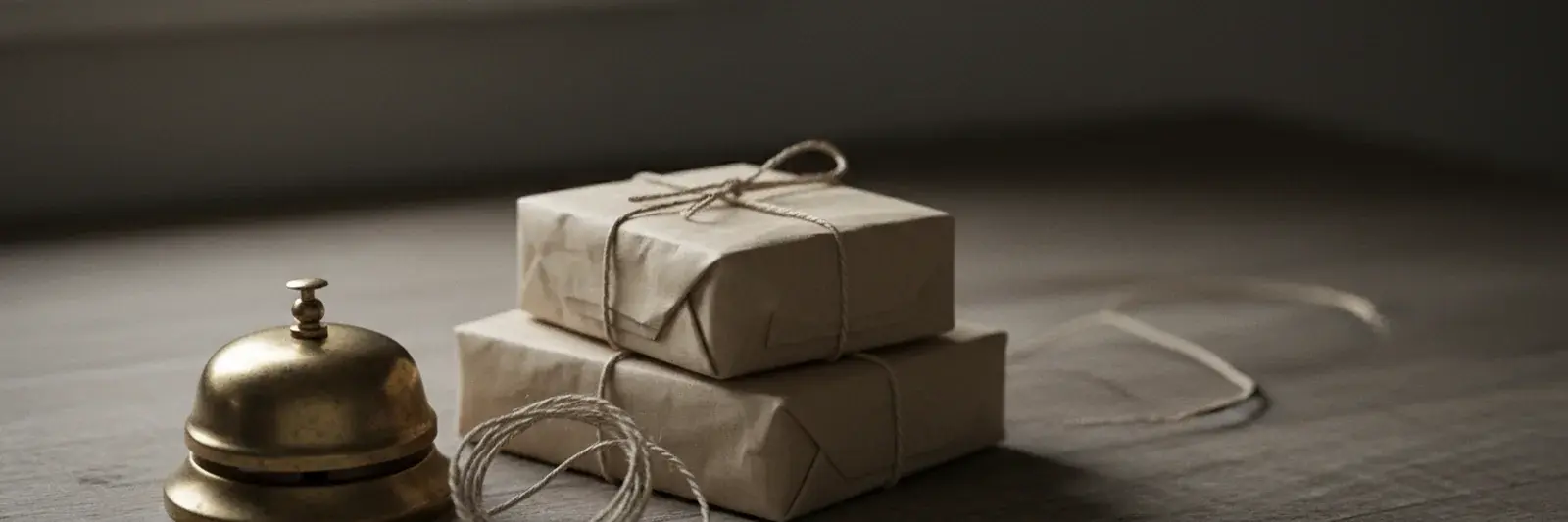 A brass counter bell beside a small stack of kraft parcels and a coil of twine.