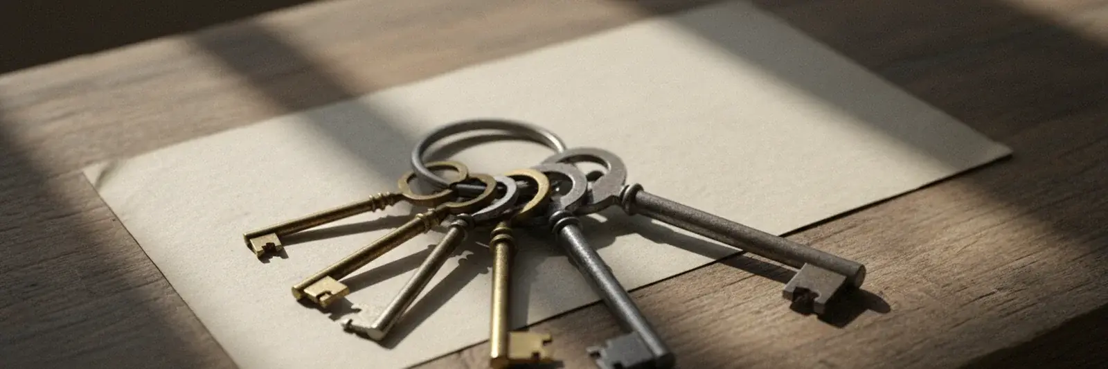 A ring of seven old keys of clearly different sizes and bit patterns, fanned open on a bench.