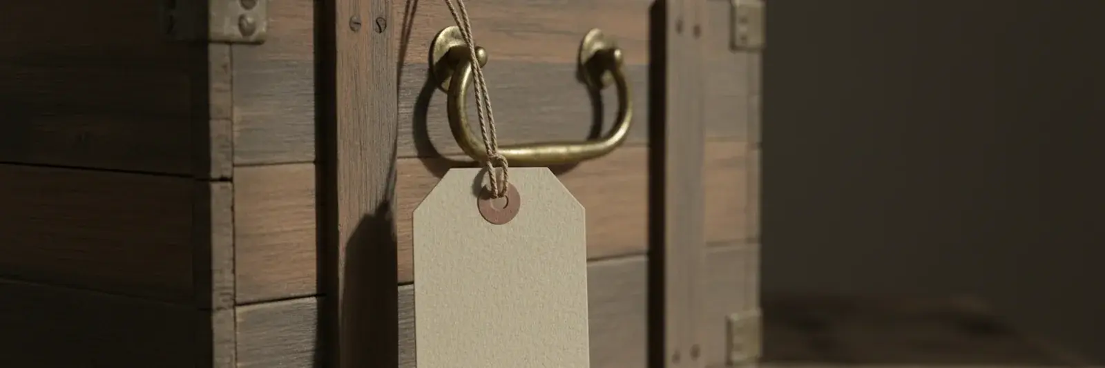 A blank manila luggage tag tied with string to the brass handle of a wooden crate, its face completely empty.
