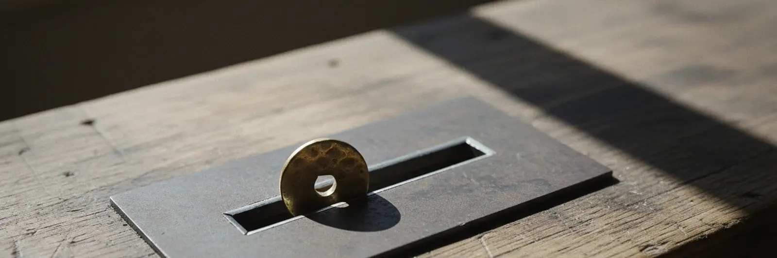 A single brass token resting on a heavy steel plate with a cut slot, on a worn bench.