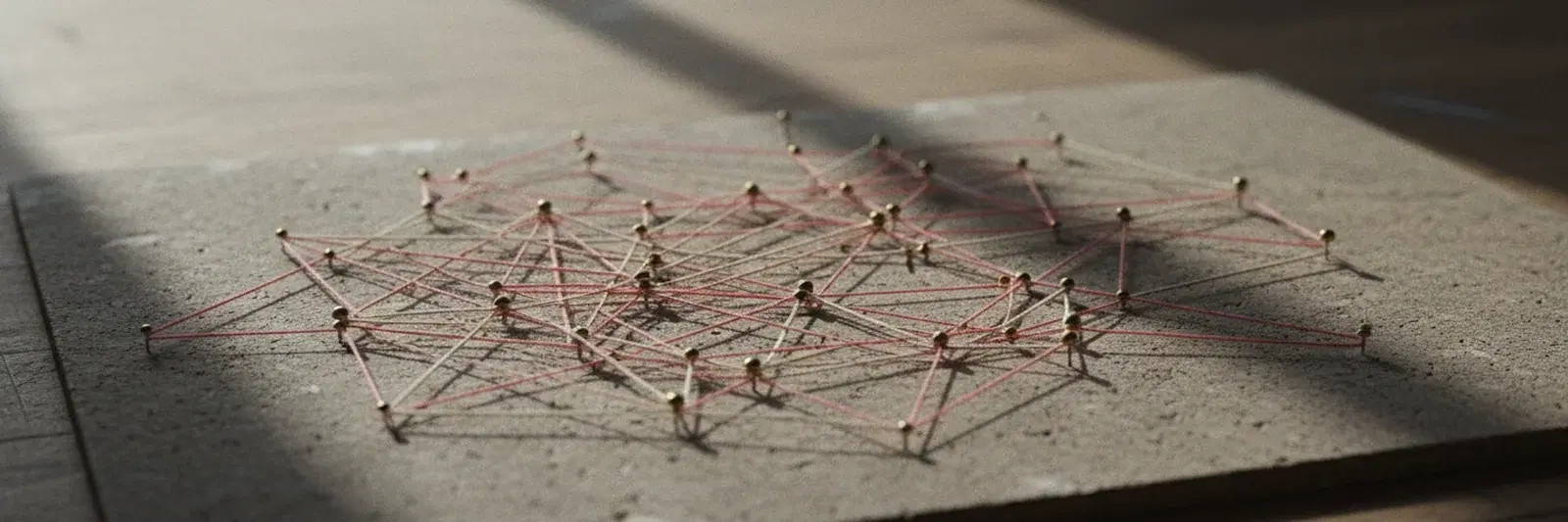 A cork board with brass pins joined by taut red thread: some nodes carry many threads, others just one.
