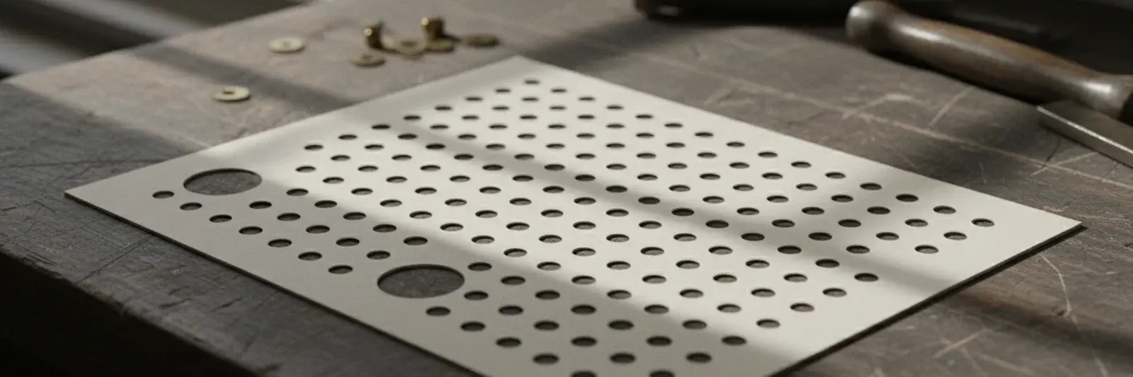 A sheet of heavy paper punched in a regular grid of holes, with two holes missing and one off the line.
