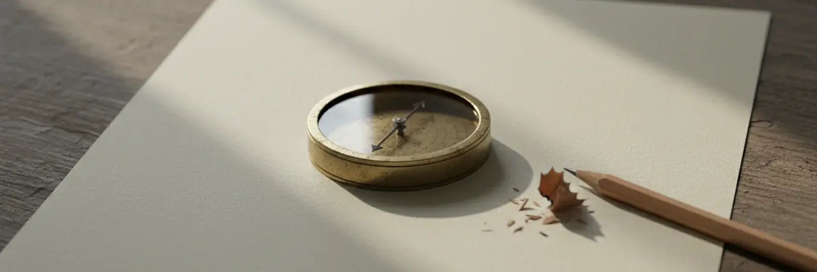 A brass surveyor’s compass on a large blank sheet, needle settled, beside a pencil.