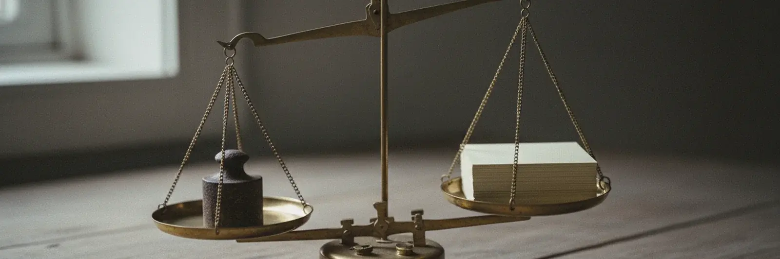 A brass balance with a small cast weight in one pan and a neat stack of blank index cards in the other, tipped towards the cards.