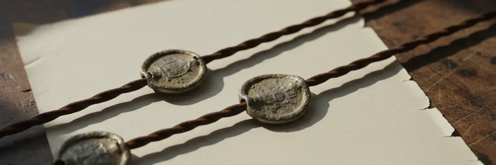 Three lead seals crimped onto twisted wire, lying on a blank sheet of heavy cream paper.