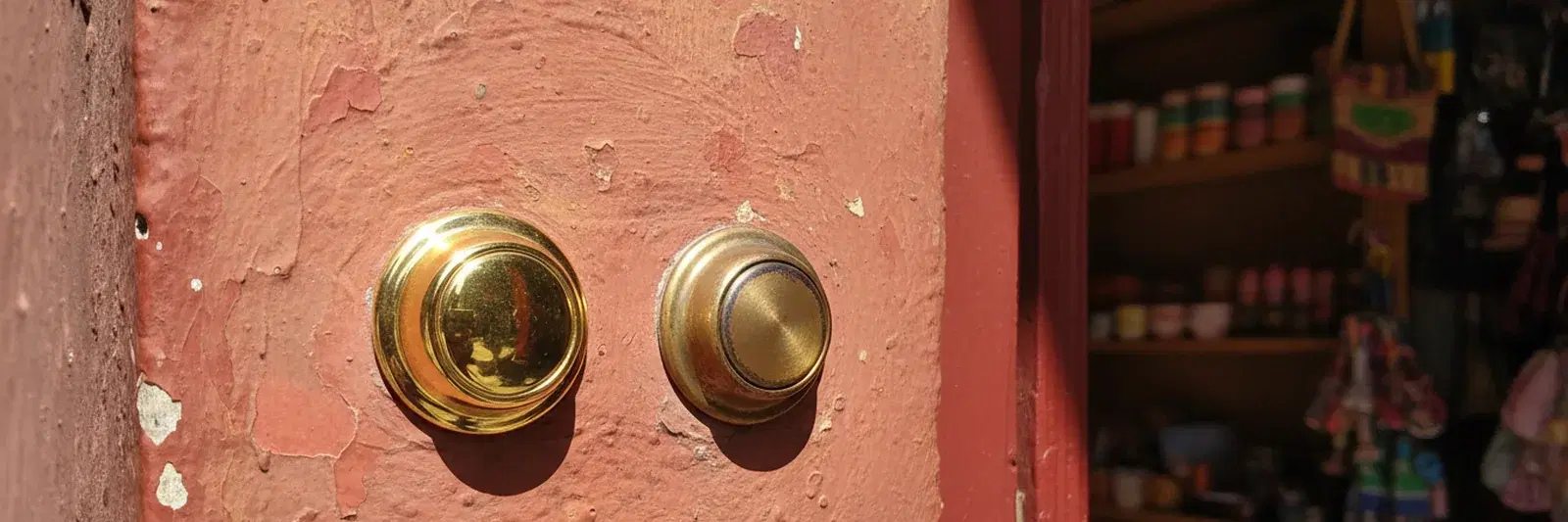 Two doorbell buttons side by side on a painted shop wall: the left one is new polished brass, untouched; the right one is worn smooth and darkened in the middle by years of thumbs.