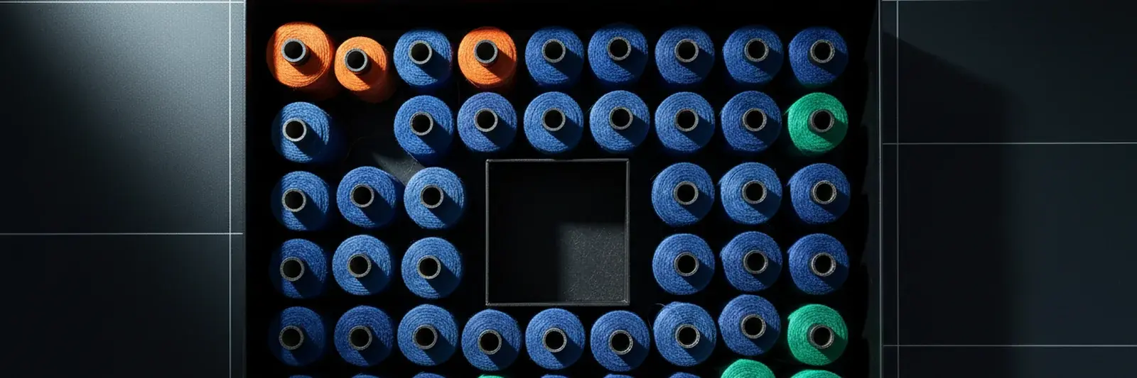 A dark tray of thread spools seen from above in a tight grid: nearly all the same blue, two orange and two green, and one slot in the middle empty.