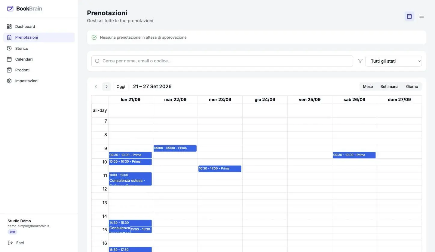 Agenda settimanale di BookBrain: gli appuntamenti di uno studio disposti per giorno e fascia oraria, con durata e nome del cliente