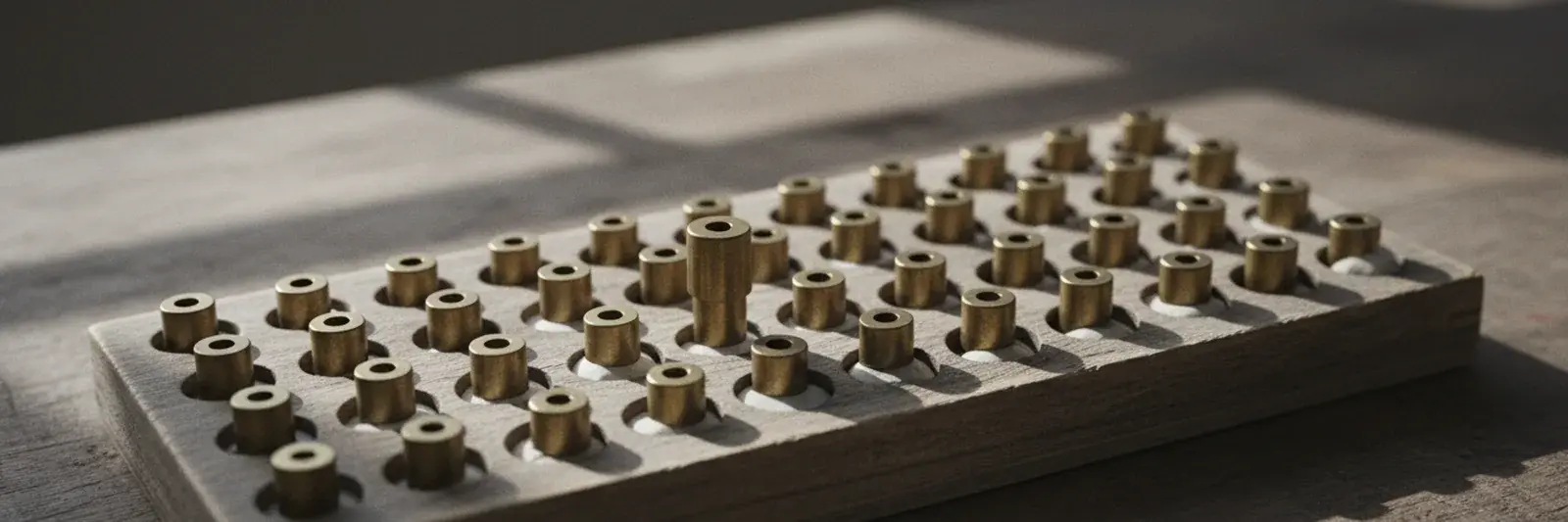 A wooden tray of identical brass bushings in aligned recesses, with a single one standing taller than the rest.