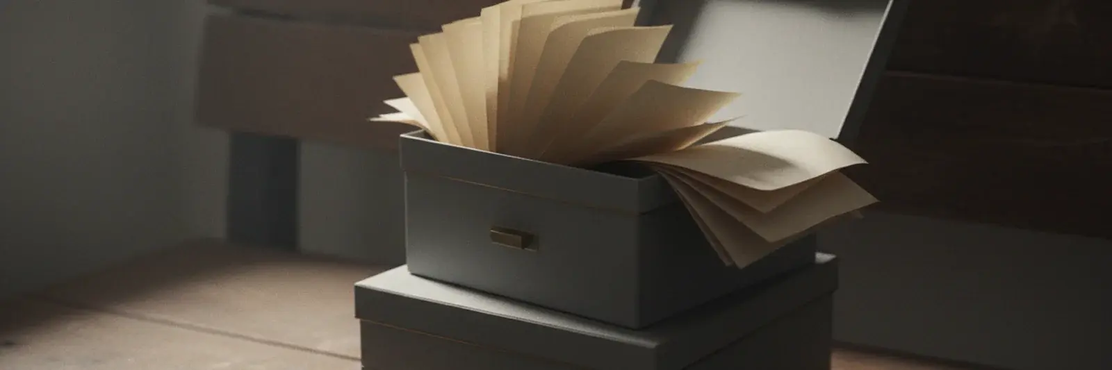 Three grey archive boxes stacked on a bench, the top one open with folded papers fanning out.