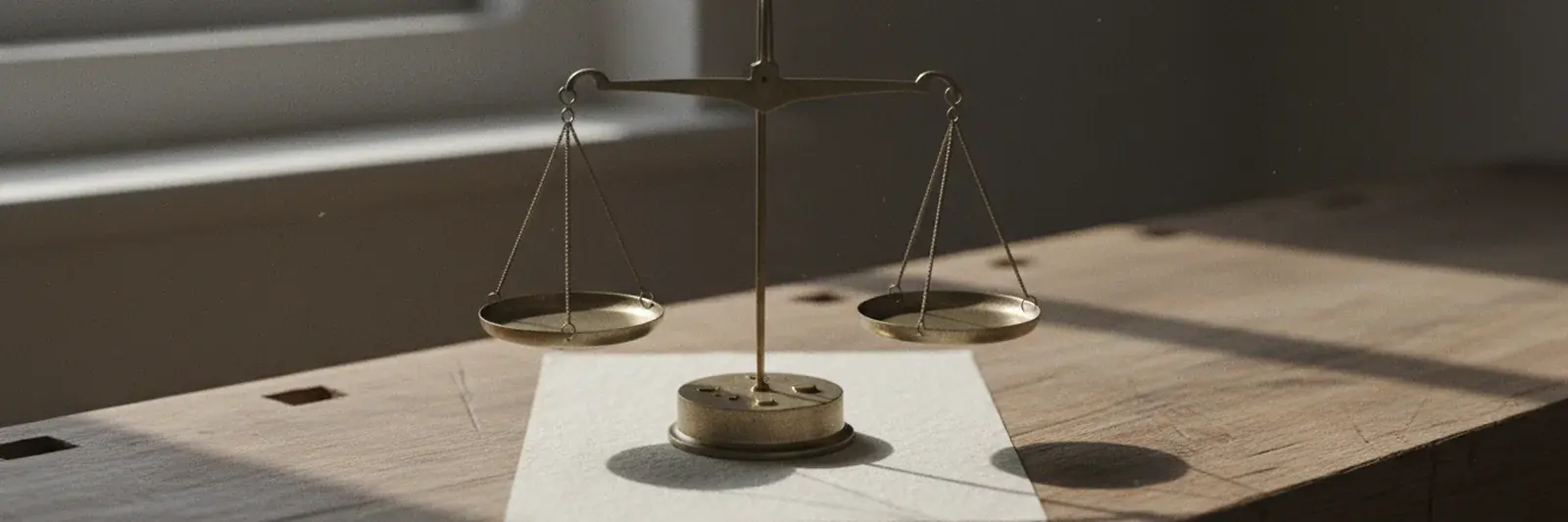 A small brass two-pan balance, empty and level, on a bare bench.