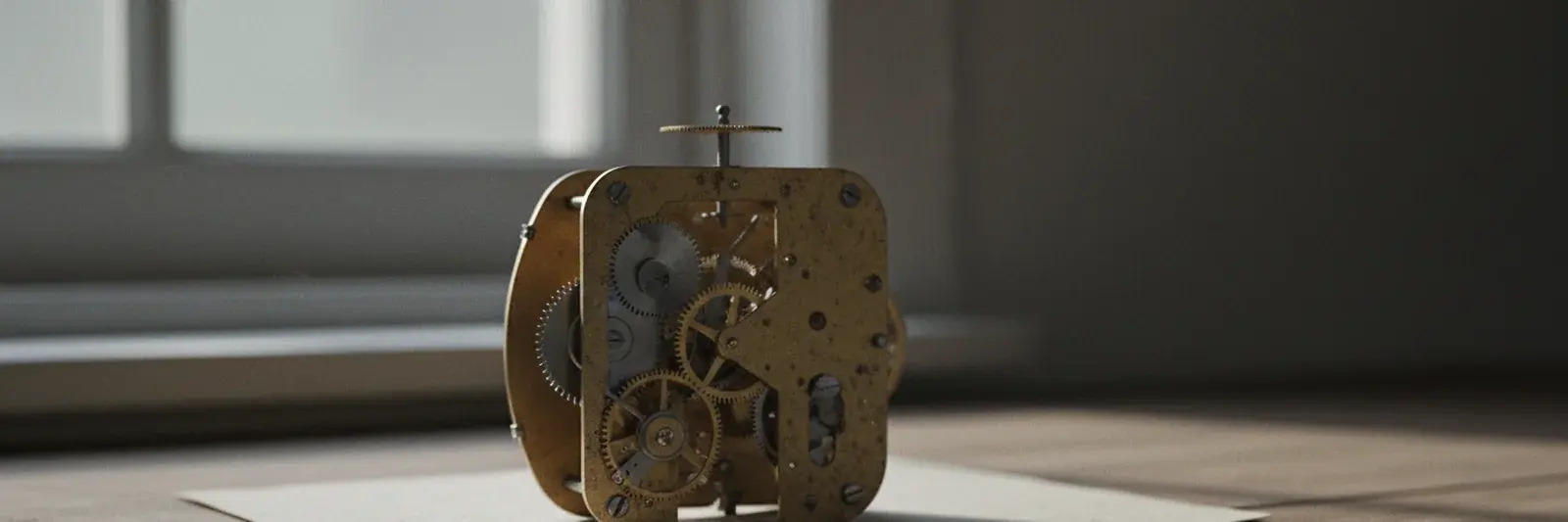 Il retro di un movimento d'orologio aperto, con le platine e le ruote di ottone a vista.