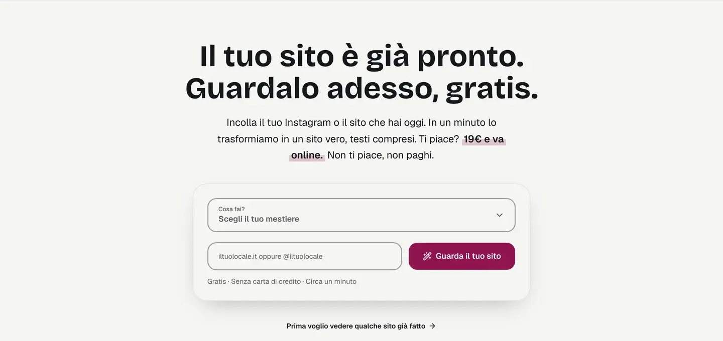 Home di Sitebrain: si sceglie il mestiere, si incolla il proprio indirizzo o profilo Instagram e in un minuto si vede il sito finito, gratis